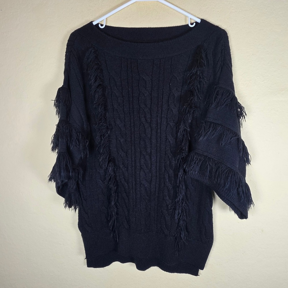 New York & Company Black Cable Knit Fringe Short Sleeve Sweater Small goth